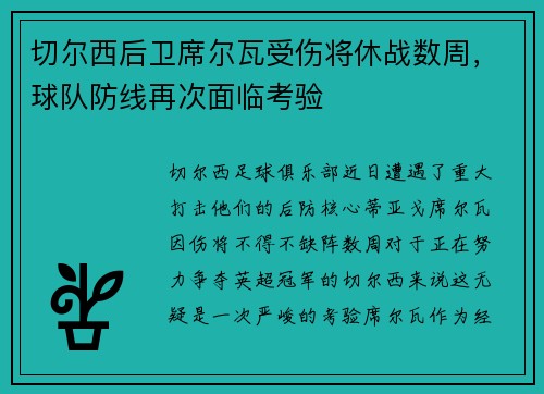 切尔西后卫席尔瓦受伤将休战数周，球队防线再次面临考验